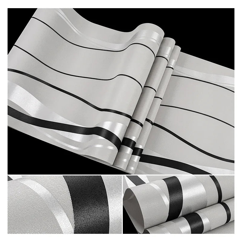 Modern wallpaper with a textured grey and silver wave-stripe pattern and bold black accent lines.
