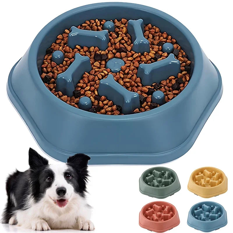 Blue dog slow feeder bowl with bone-shaped obstacles filled with kibble, featuring a dog and four color variations.
