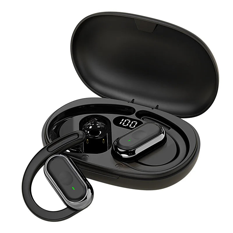 Black wireless earbuds with ear hooks, stored in an open charging case featuring a digital battery display.