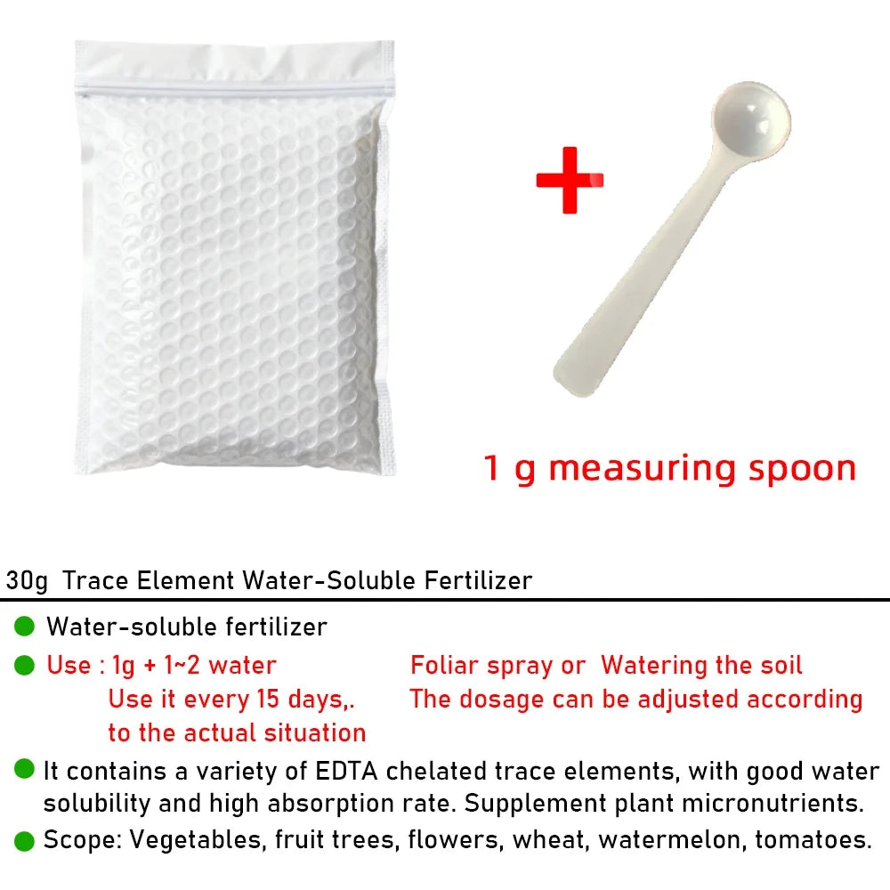 30g pack of water-soluble trace element plant fertilizer with a 1g measuring spoon included.