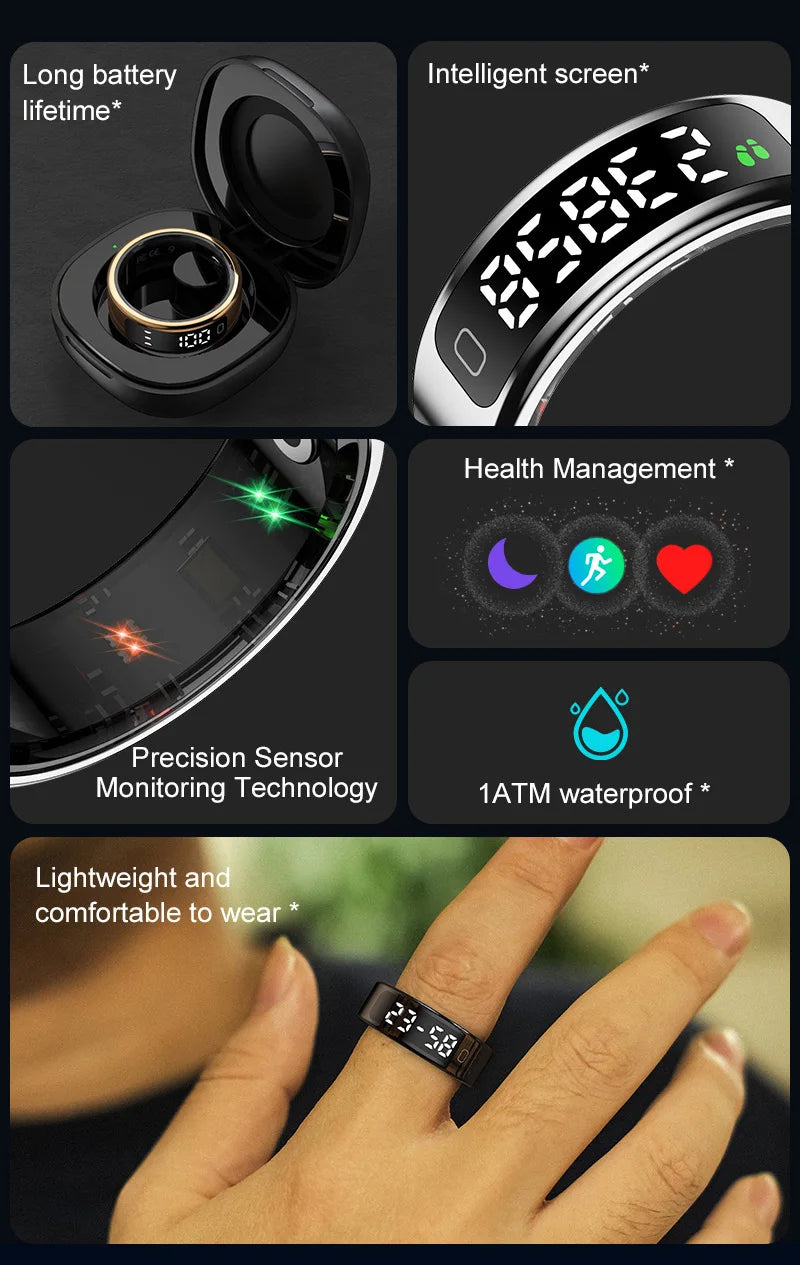 Sleek black smart health ring with LED display, precision sensors, waterproof design, and charging case.