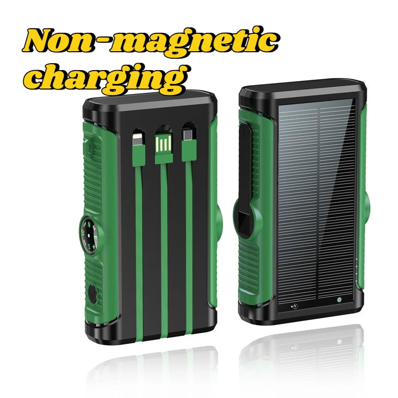 Rugged green and black 20000mAh solar power bank with built-in cables, side compass, and solar charging panel.