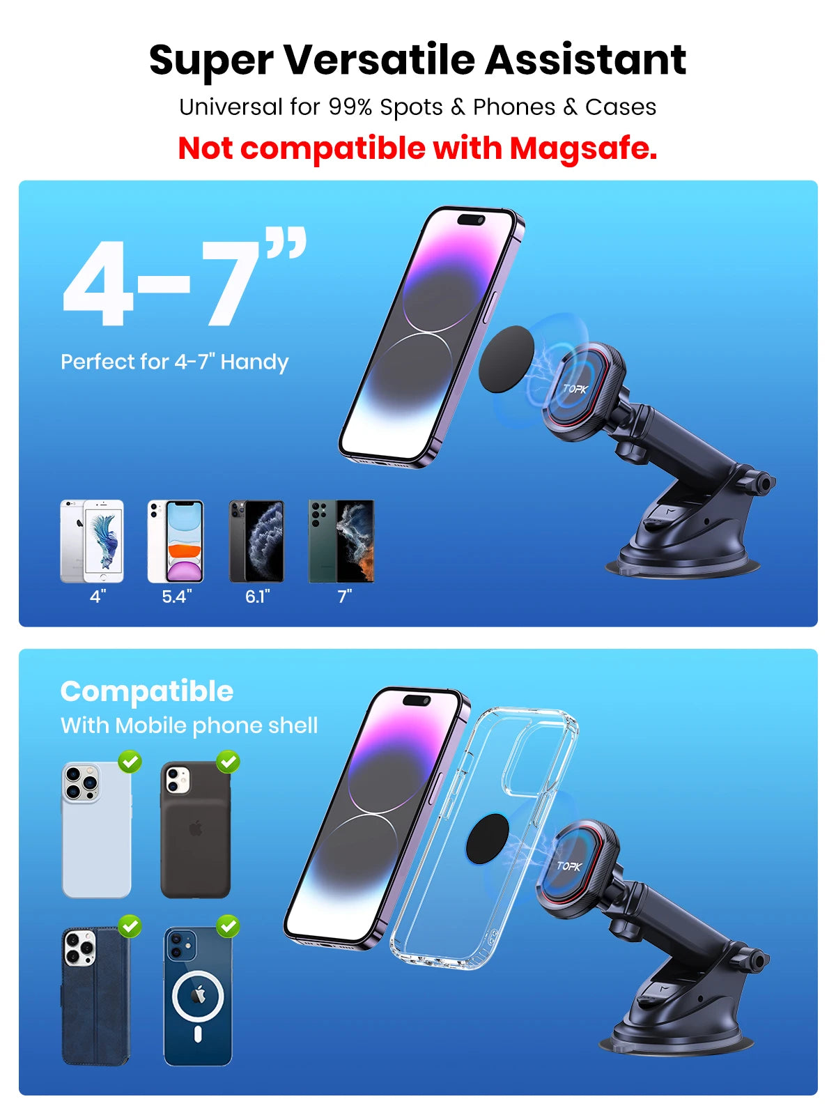 Black magnetic car phone mount with adjustable arm and suction base, shown with various smartphones and cases.