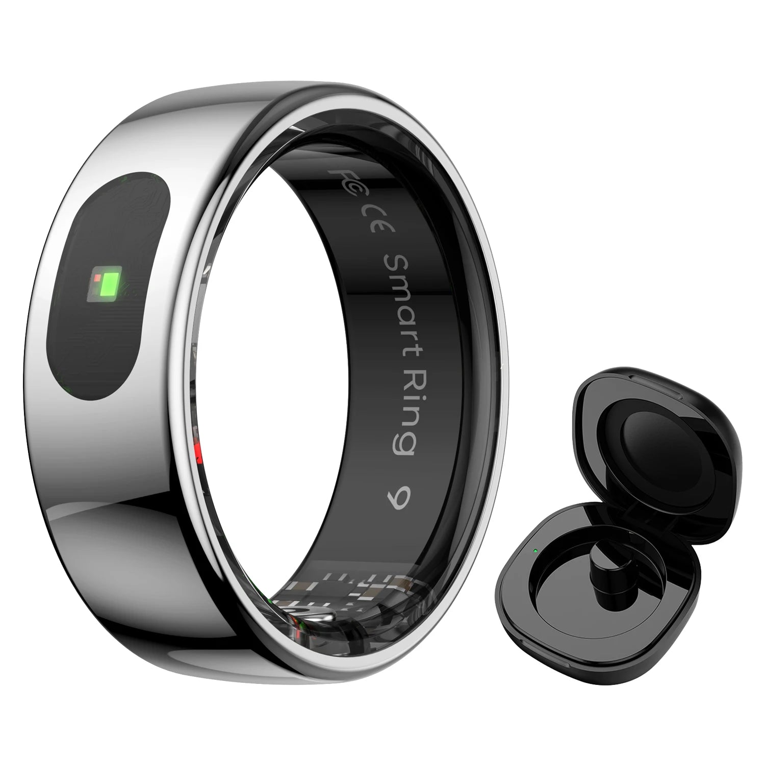 Sleek silver smart health tracking ring with a green heart rate sensor, shown with its black charging case.
