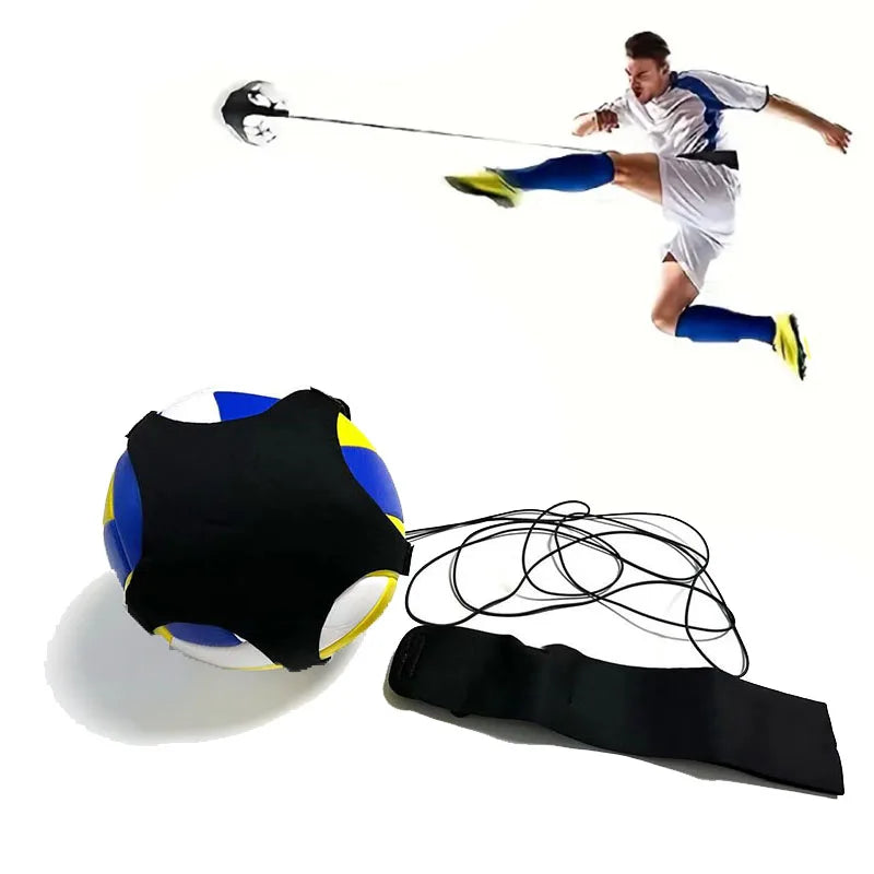 Solo football training aid with a blue, white, and yellow ball, elastic tether, and adjustable waist belt.