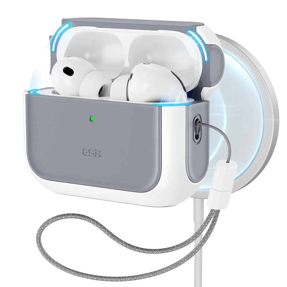 Grey and white ESR protective case for AirPods Pro, featuring a secure lanyard and MagSafe charging compatibility.