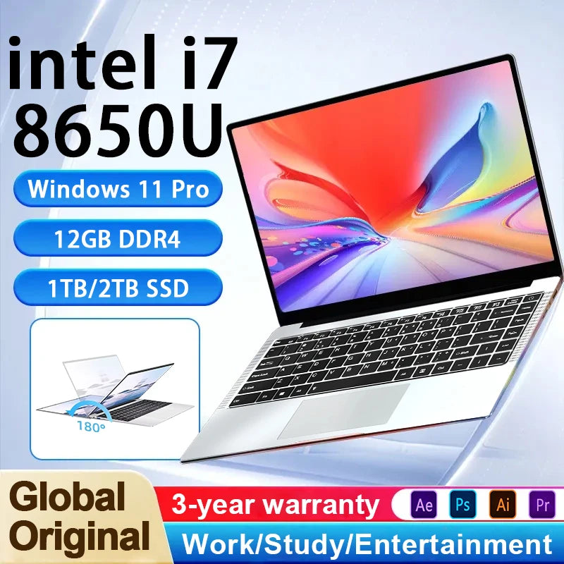 Slim silver 14.1-inch laptop with a 180-degree hinge, featuring Intel i7, 12GB RAM, 1TB SSD, and Windows 11 Pro.