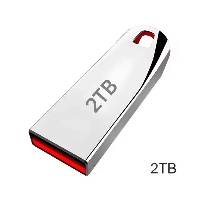 Sleek silver metal 2TB USB flash drive with a red accent and a keyring loop hole.
