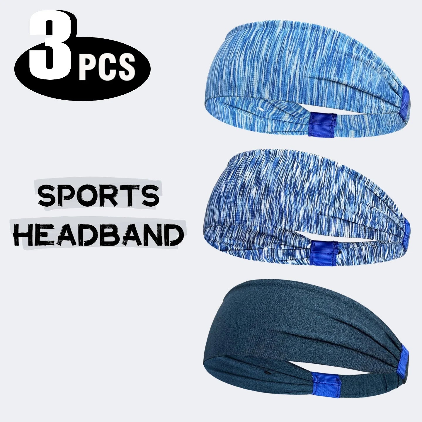 A pack of three blue sports headbands with a mix of marl and solid designs and blue fabric connector tabs.