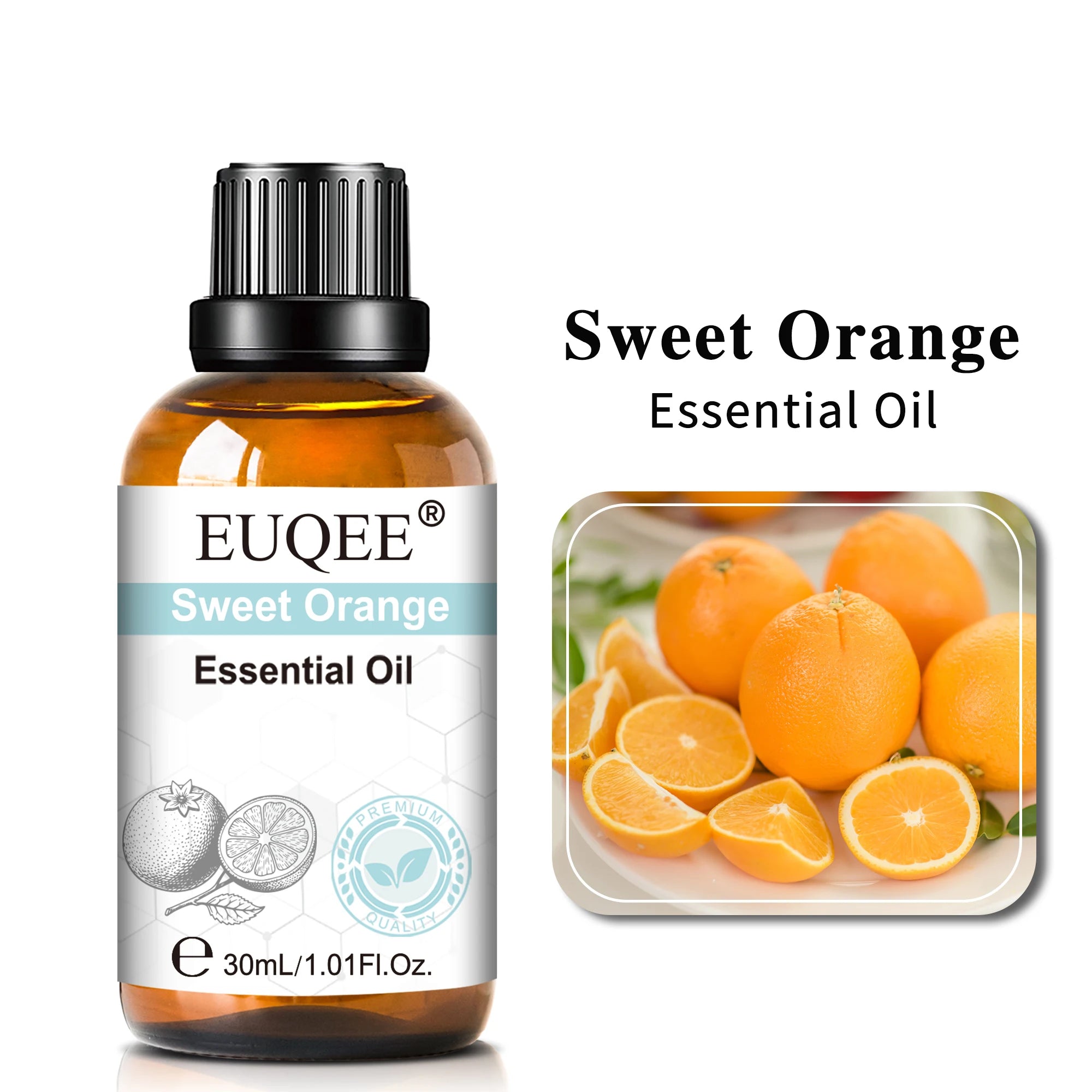 30ml amber glass bottle of Sweet Orange essential oil with a black dropper cap and citrus fruit imagery.