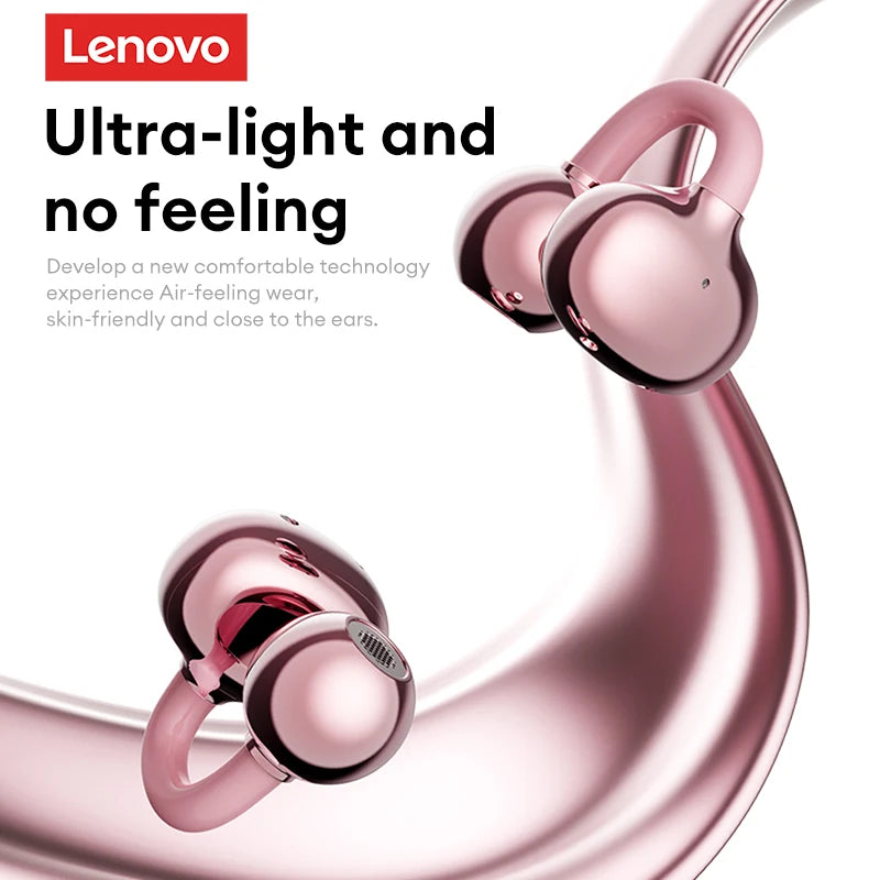 Shiny rose gold, modern wireless ear-clip headphones with a smooth, minimalist, and lightweight design.