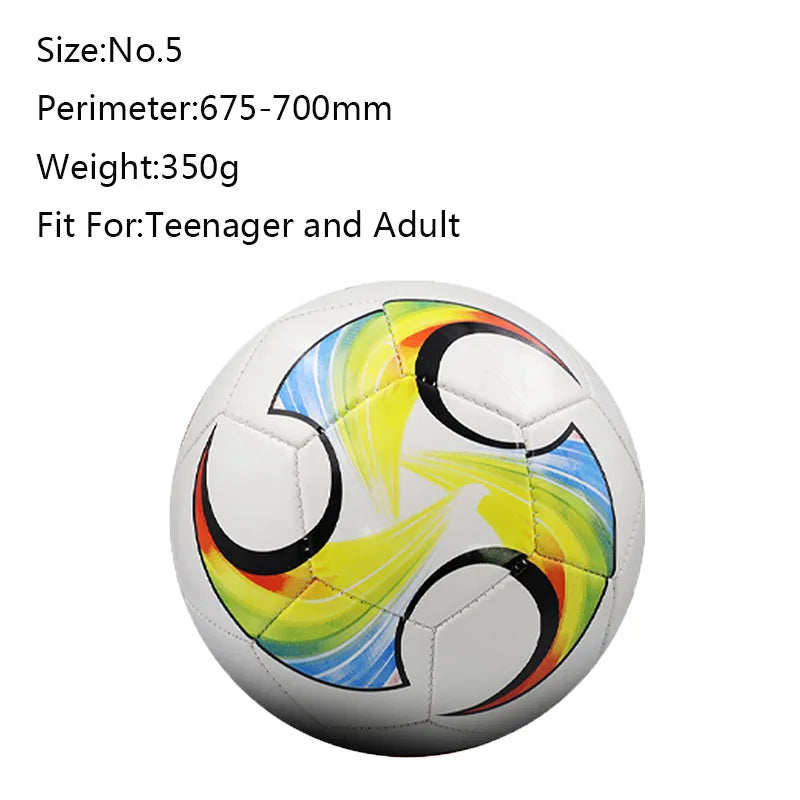 Size 5 football with a white base and vibrant, colourful curved graphic panels. Suitable for teenagers and adults.