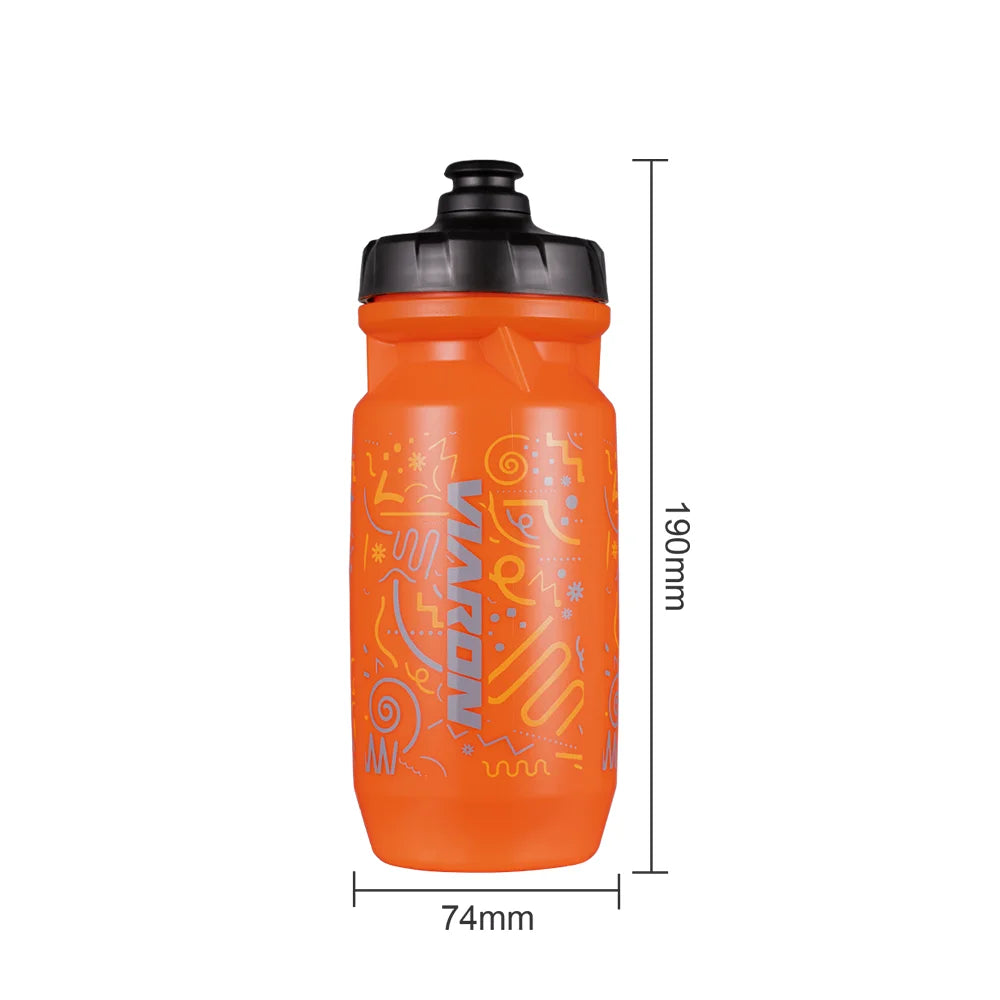 Orange Varon sports water bottle with black cap, abstract patterns, and 190mm x 74mm dimensions.