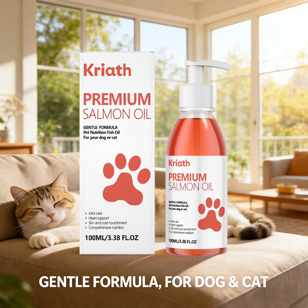 100ml pump bottle of salmon oil for dogs and cats with white packaging, featuring a paw print and nutritional benefits.