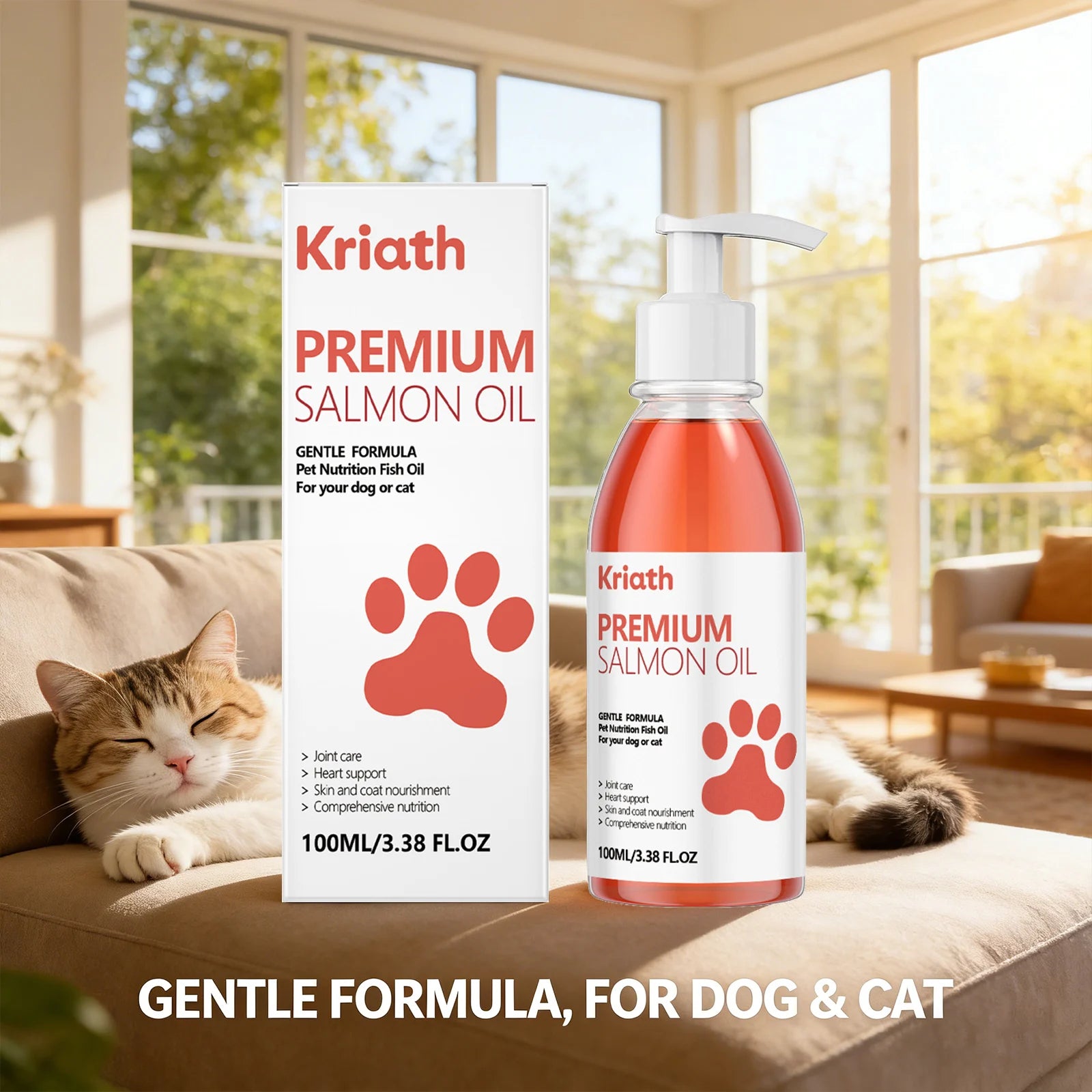 100ml pump bottle of salmon oil for dogs and cats with white packaging, featuring a paw print and nutritional benefits.