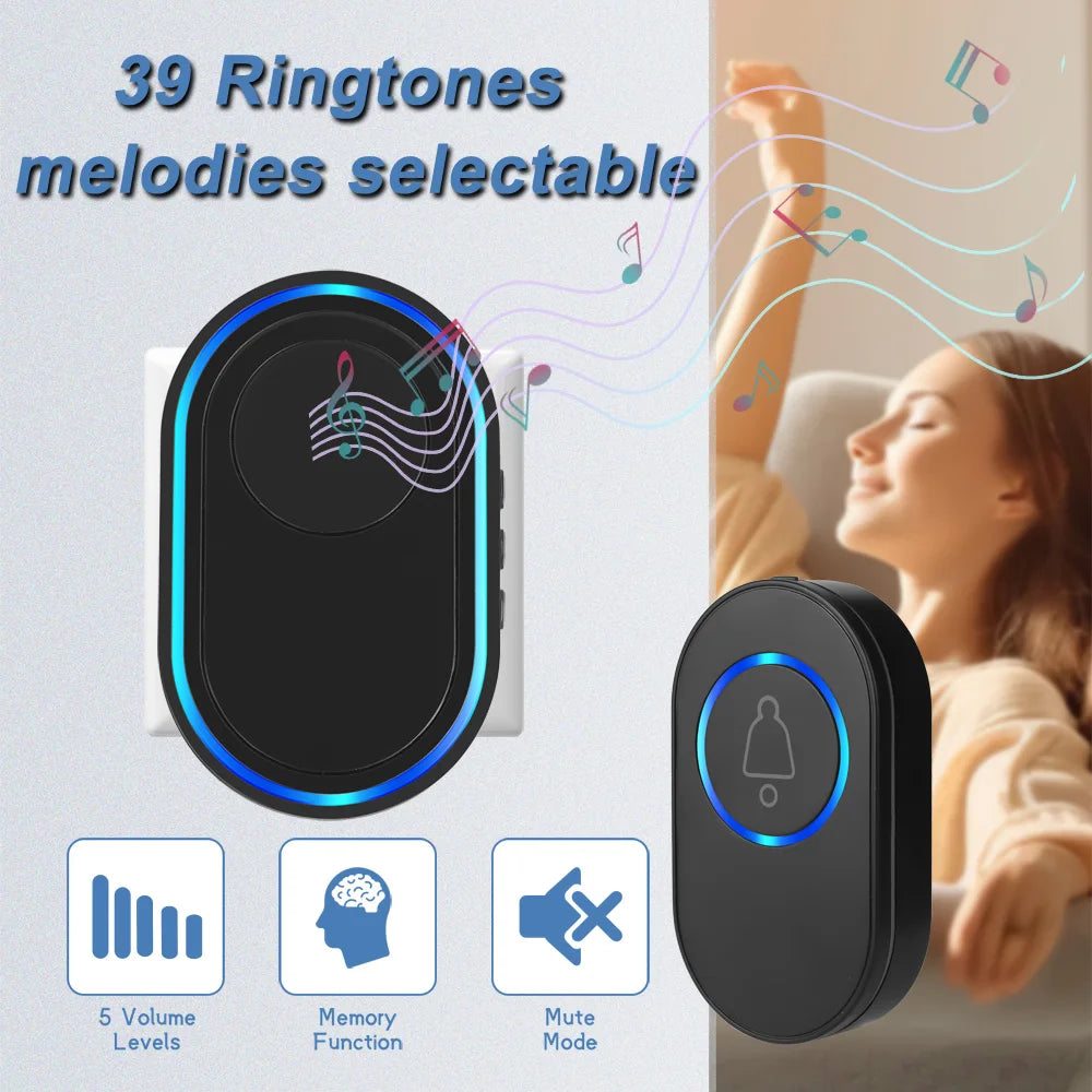 Black wireless doorbell kit with blue LED light ring, featuring 39 melodies, 5 volume levels, and mute mode.