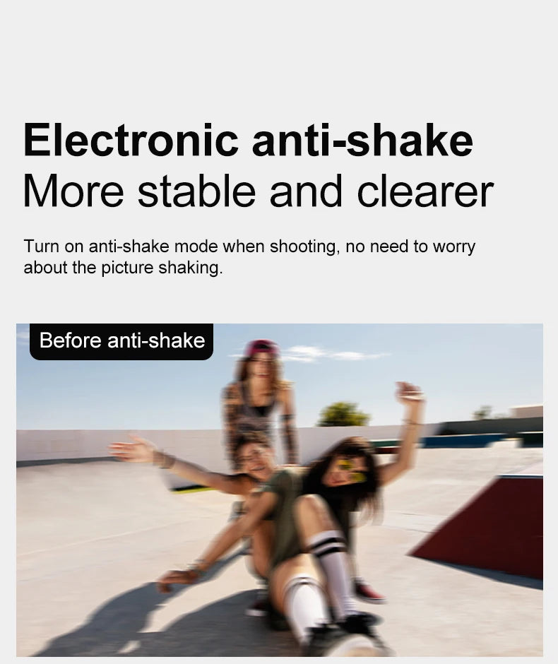 A blurred photo of three people outside on a skate ramp illustrating the effect of camera shake before stabilization.