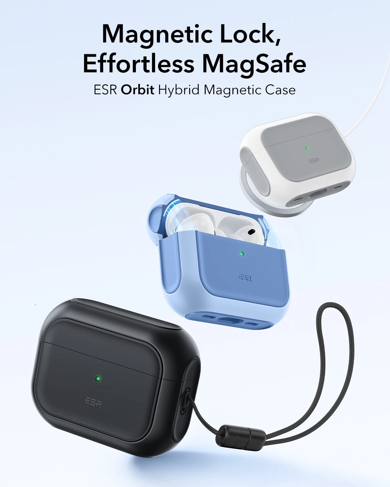 ESR Orbit hybrid magnetic cases for AirPods Pro in black, blue, and grey with MagSafe and wrist strap.