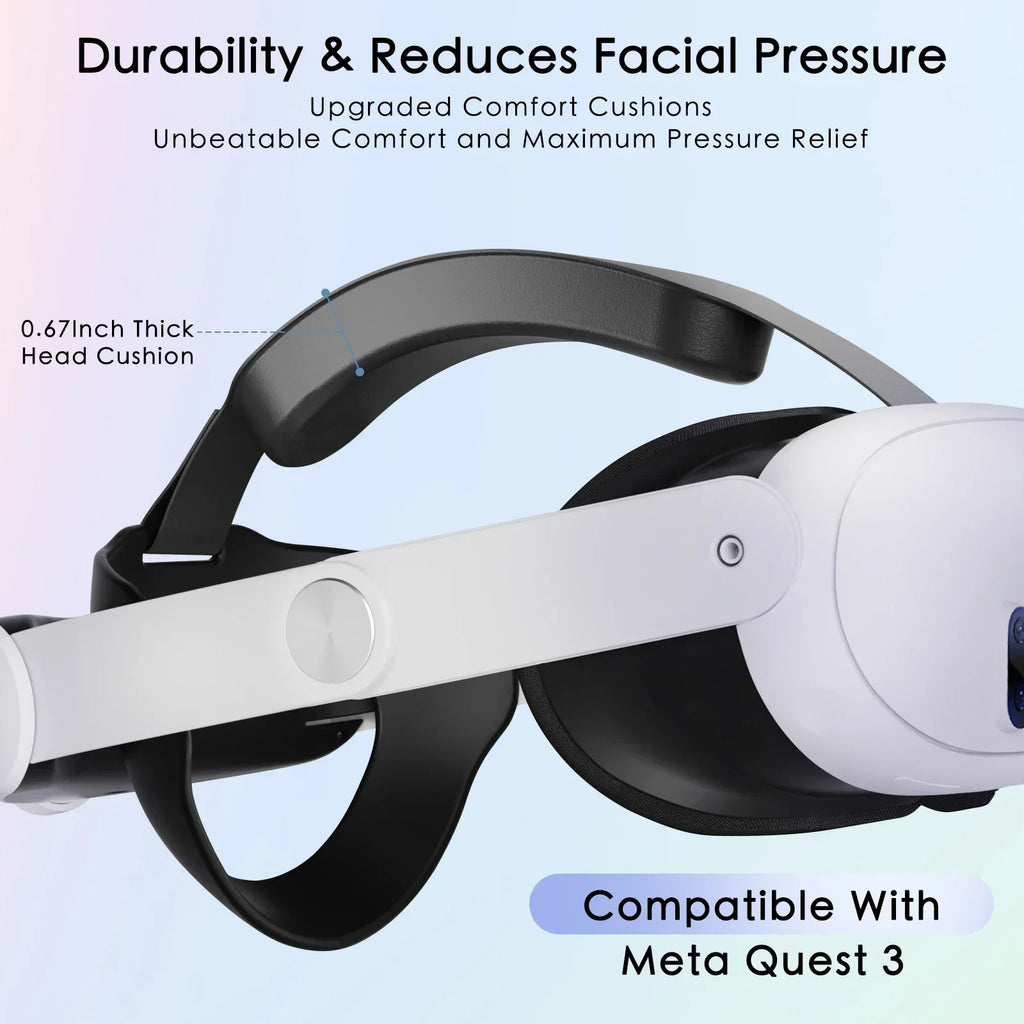 Black and white VR headset head strap with a thick top cushion and side adjustment dials.