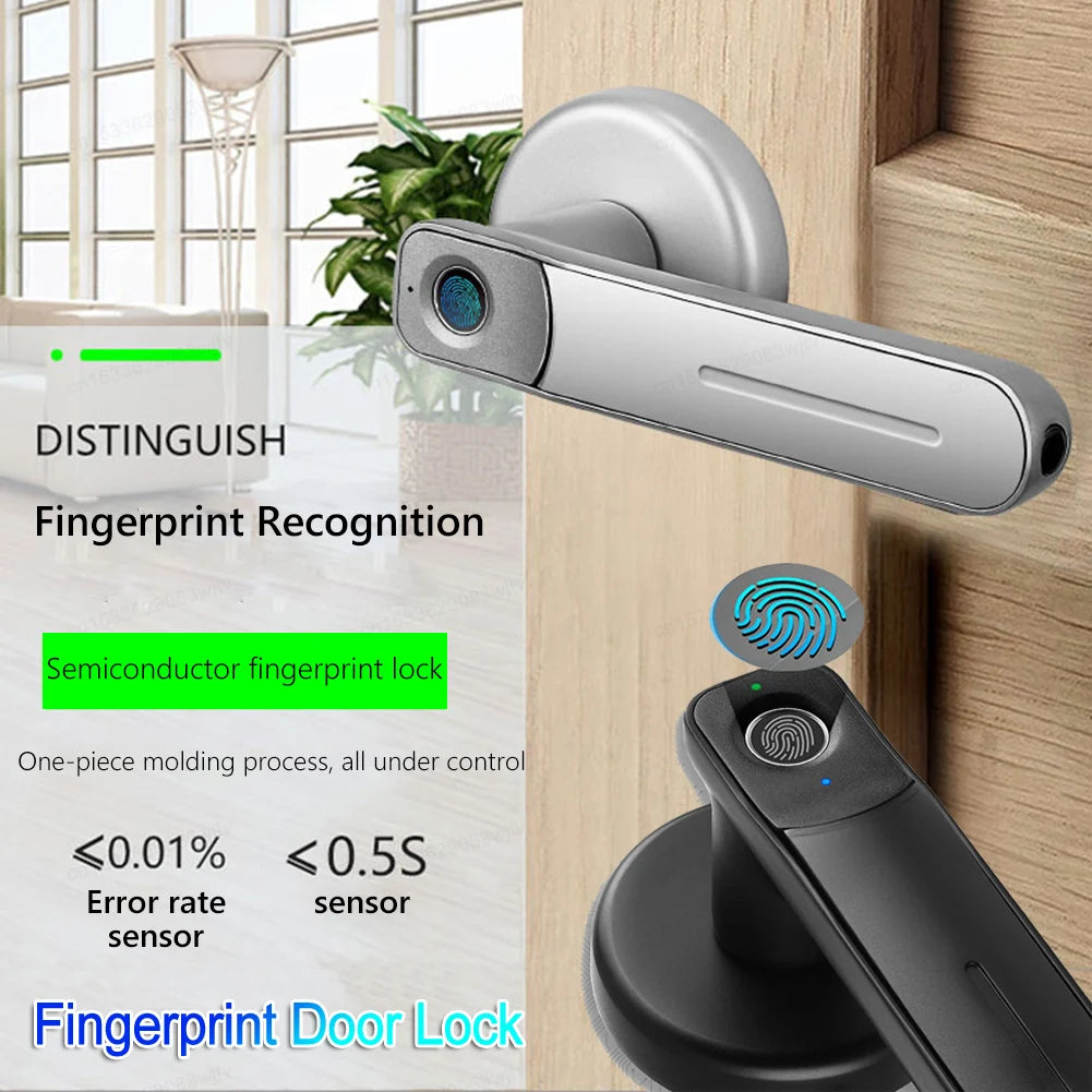Silver and black metal door handles featuring integrated semiconductor fingerprint scanners for keyless entry.