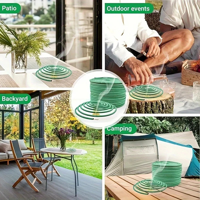 Green spiral mosquito repellent coils smoking on tables in various outdoor settings like patios and campsites.