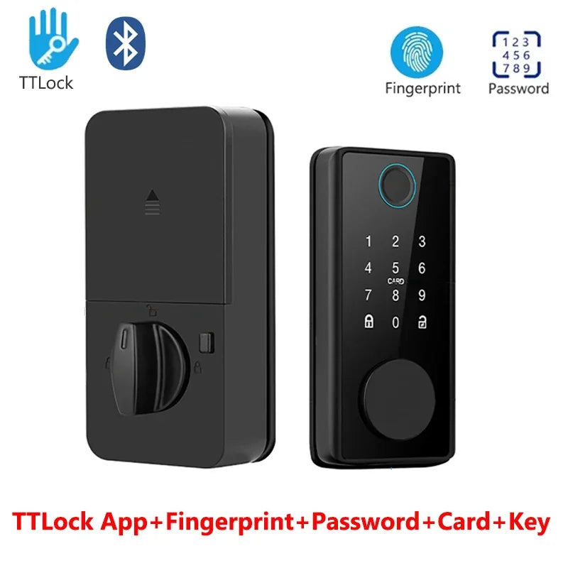 Black smart door lock with a numeric keypad, fingerprint scanner, and app control connectivity.