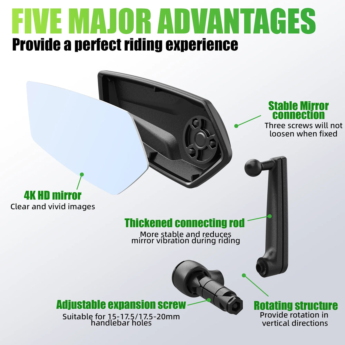 Exploded view of a black RBRL bike mirror showing the glass, casing, rod, and adjustable handlebar mount.