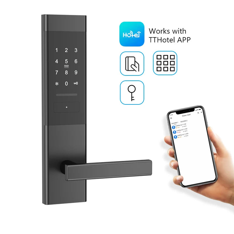 Black metal smart door lock with keypad, app integration, card reader, and key access, operated by a smartphone.