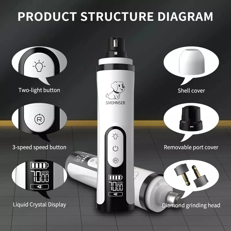 White electric pet nail grinder with LED light, speed control, LCD display, and detachable diamond grinding head.