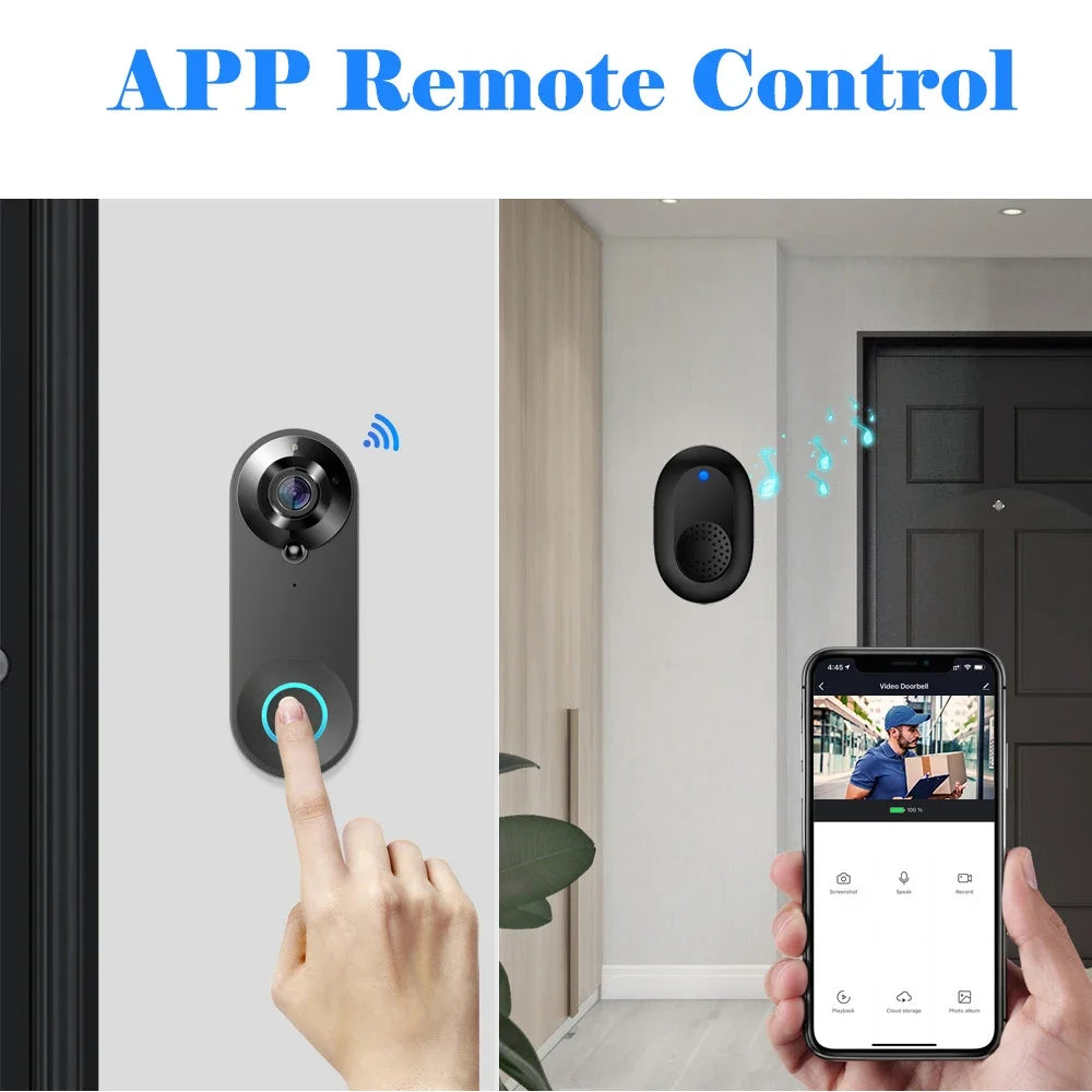 A matte black smart wireless doorbell with a camera, ring light button, indoor chime, and smartphone app control.