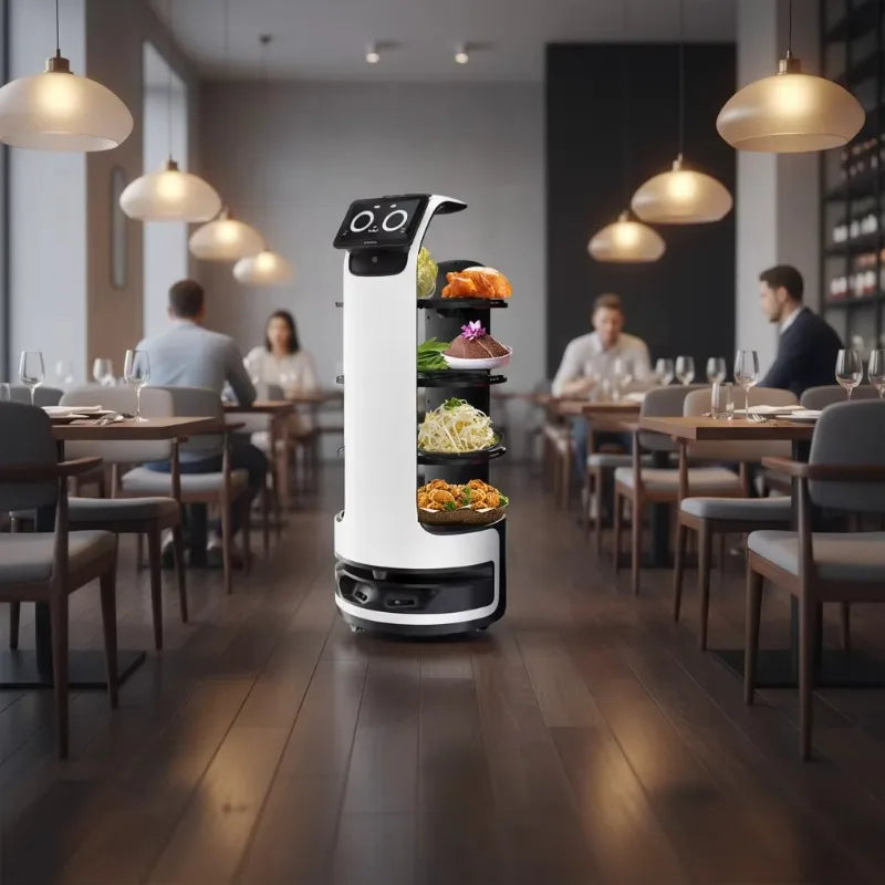 A white, multi-tiered service robot carrying food stands in a restaurant aisle between dining tables.
