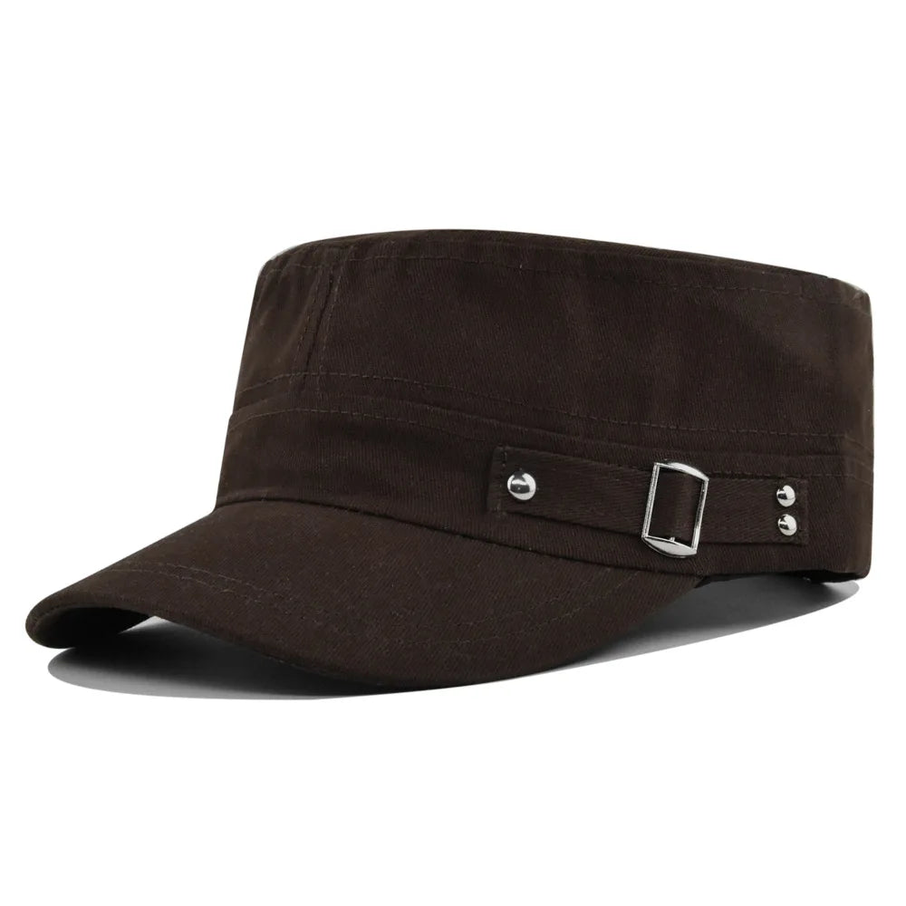 Dark brown military-style cap featuring a structured flat top, stiff peak, and a side buckle detail with silver studs.