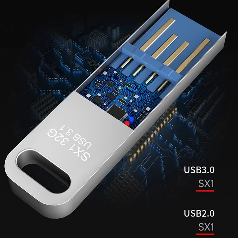 Sleek silver metal USB 3.1 flash drive with a 32GB capacity, featuring an exposed circuit board and keyhole design.