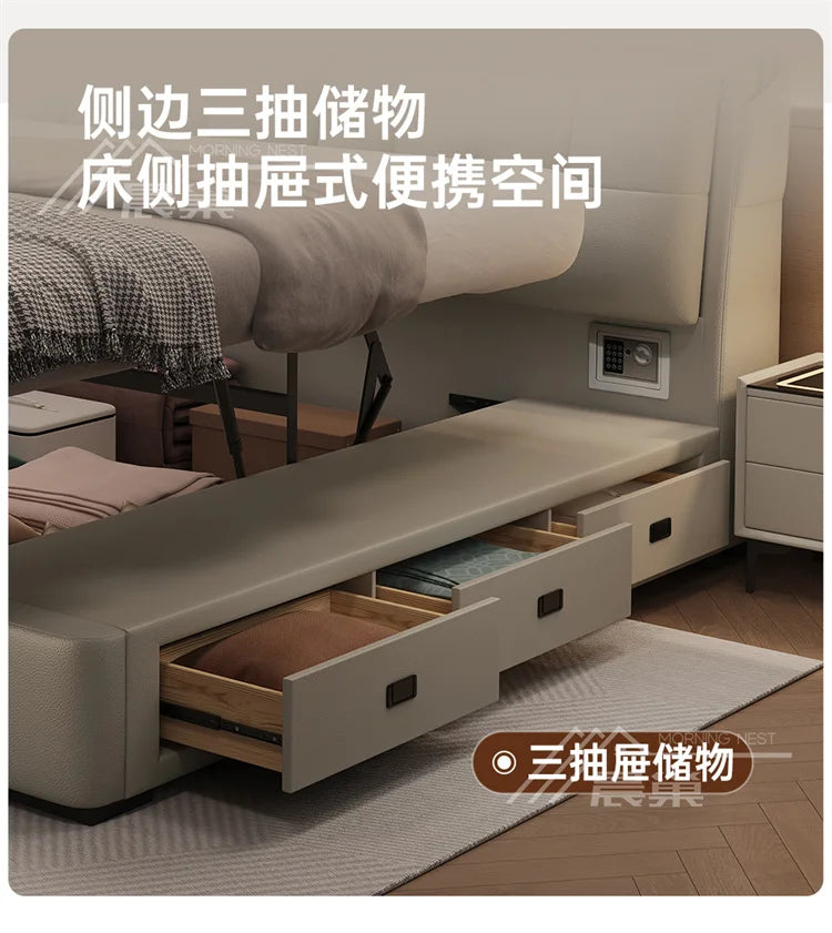 Modern cream upholstered bed featuring three side storage drawers and a built-in bedside safe.