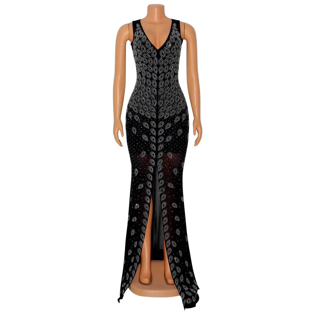 Black floor-length mesh dress with V-neck, high front split, and sparkling rhinestone leaf patterns.