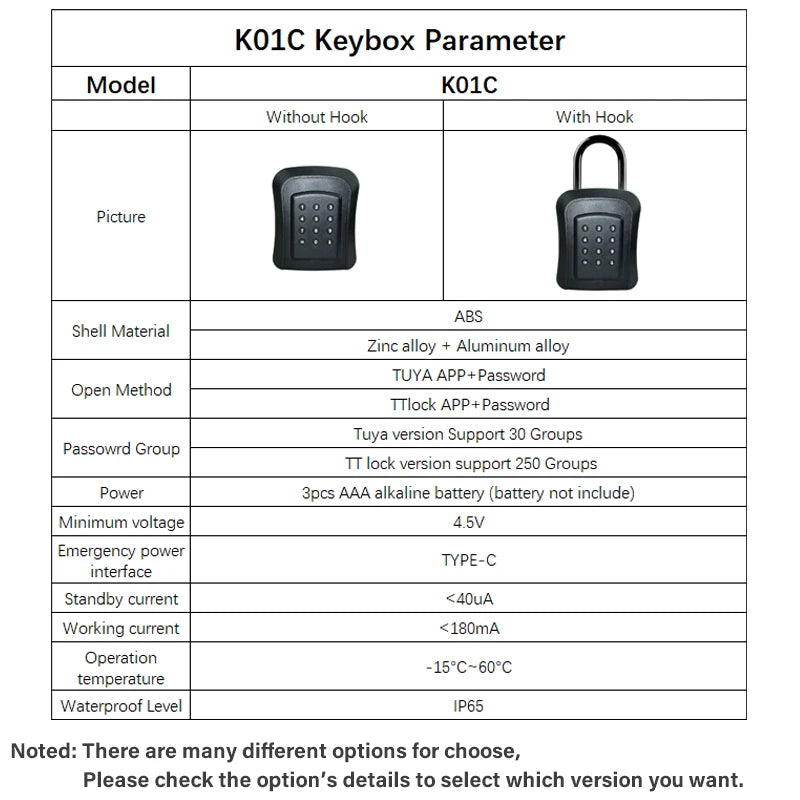 Black K01C keybox chart showing models with and without a hook, made of ABS, zinc alloy, and aluminum alloy.