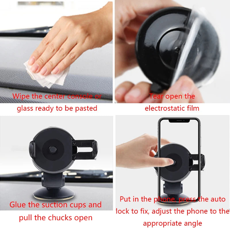 Four-step installation guide for a black, adjustable suction-mount car phone holder with an automatic locking mechanism.