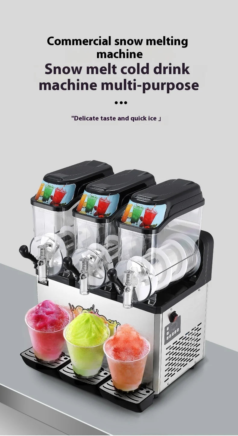 Commercial stainless steel slushie machine with three clear bowls, black lids, and individual dispensing taps.
