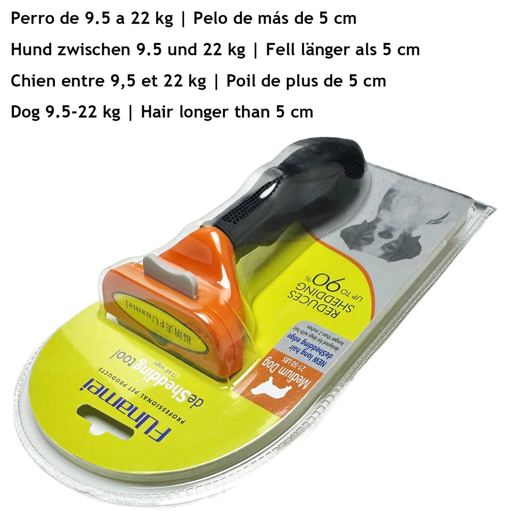 Funamei orange and black deshedding tool for medium dogs with long hair, in blister packaging.