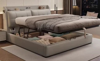 Modern cream upholstered storage bed with a lift-up mattress base and integrated headboard shelving.