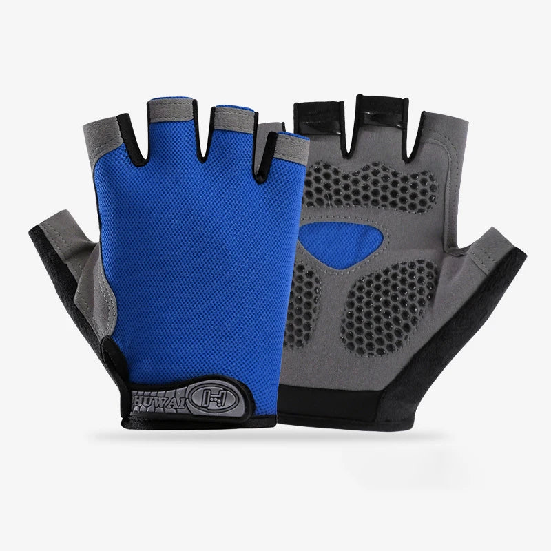 Blue and grey fingerless cycling gloves with a textured, non-slip grip palm and HUWAI branding.