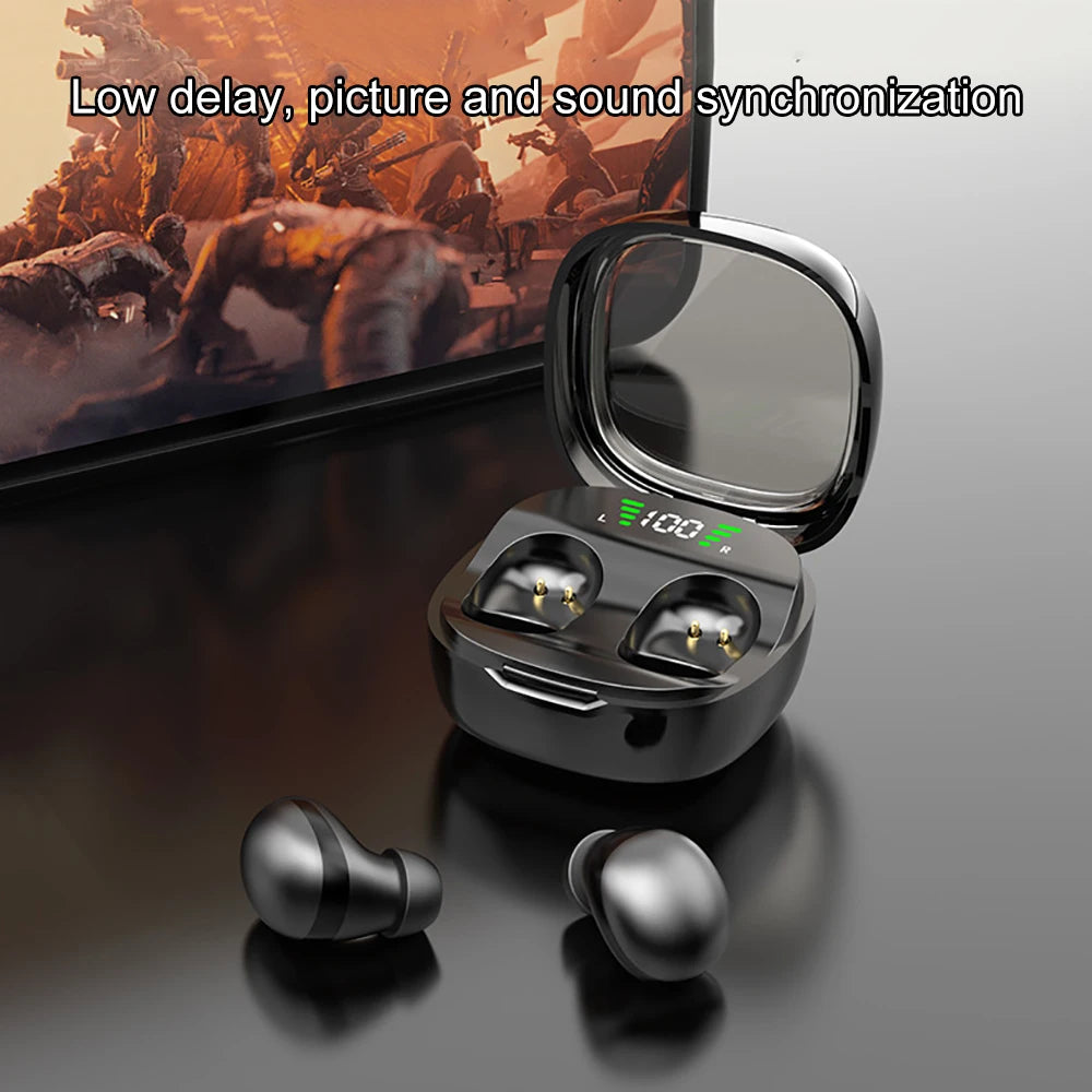 Black wireless earbuds and a charging case with a transparent lid and digital battery display.