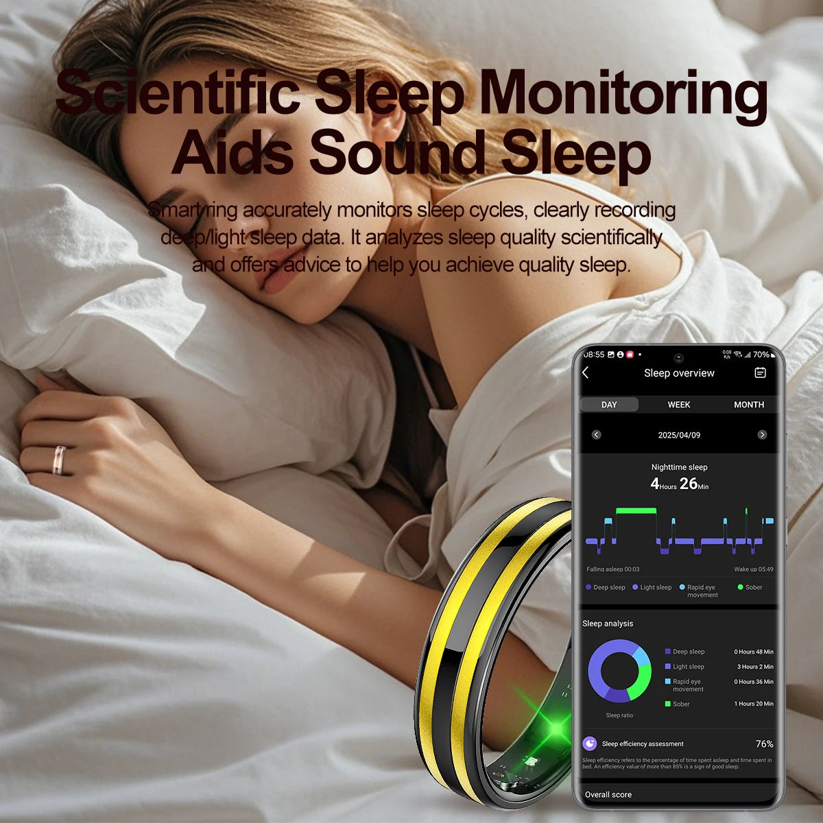 A sleek black and gold smart fitness ring shown alongside a smartphone displaying detailed sleep tracking data.