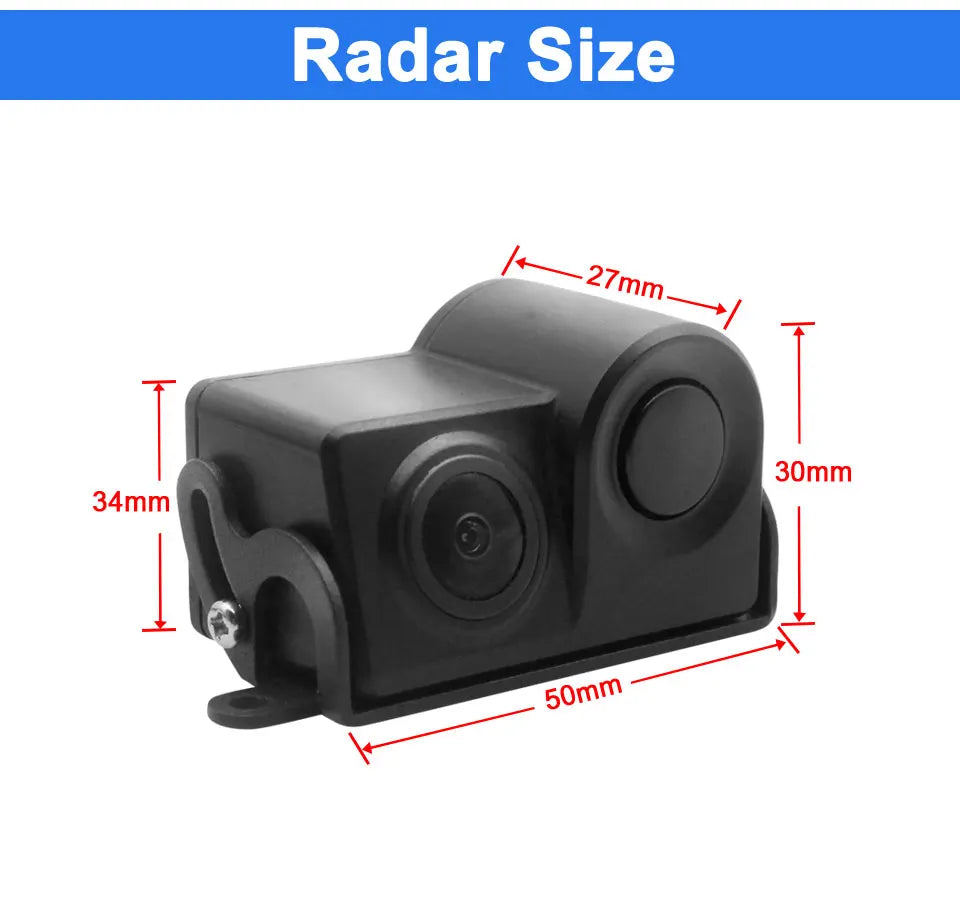 Black vehicle backup camera with integrated parking sensor, shown from a side angle with dimensions in millimetres.