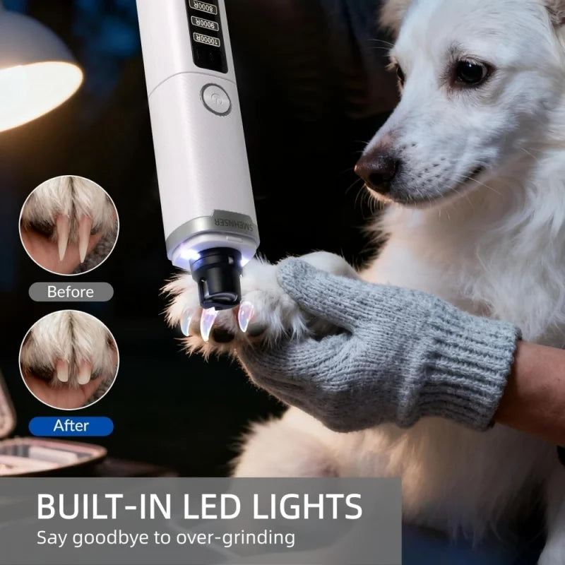 White electric pet nail grinder with LED light, showing before and after results on a dog’s paw.