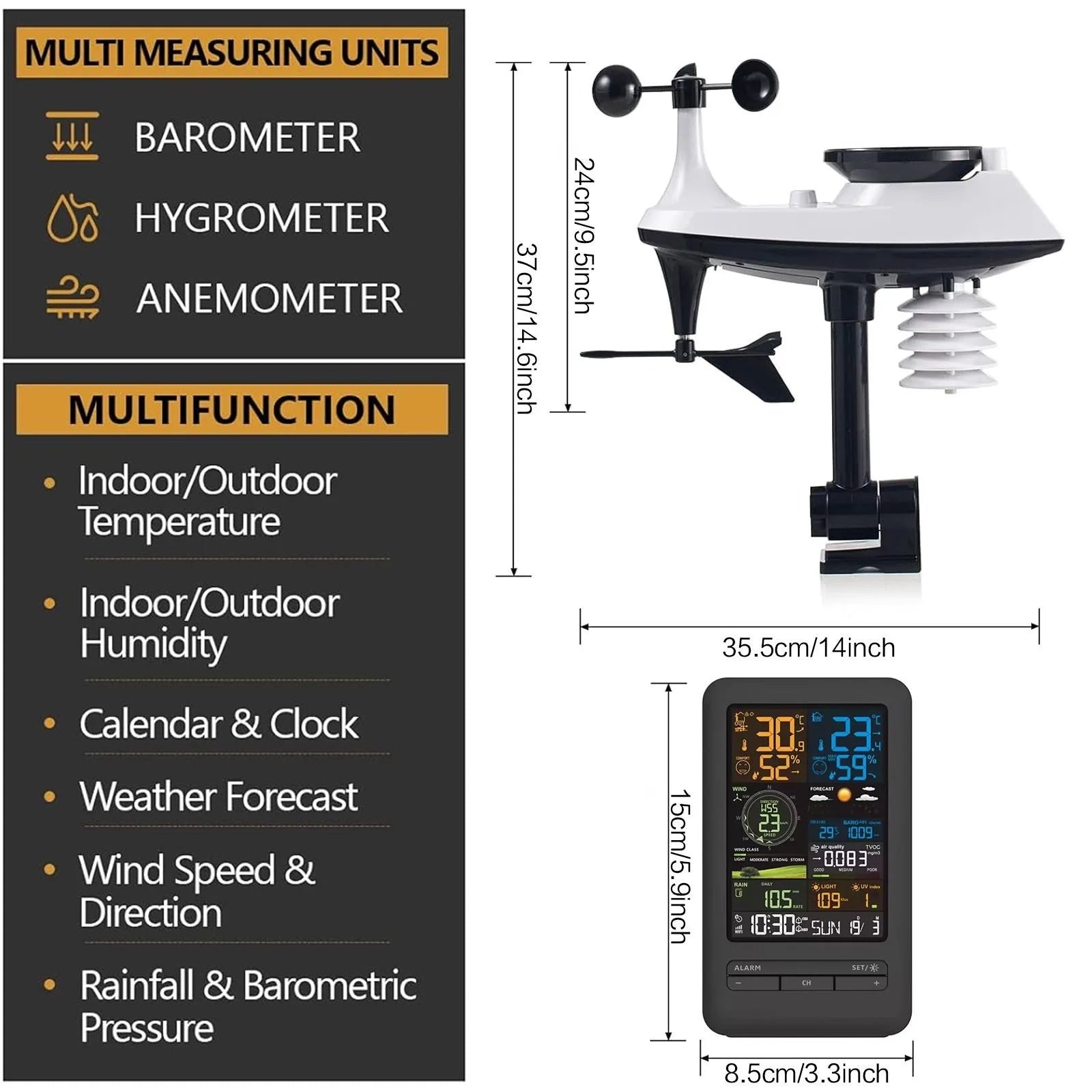 Smart weather station featuring a black and white outdoor sensor unit and a colour digital indoor display console.