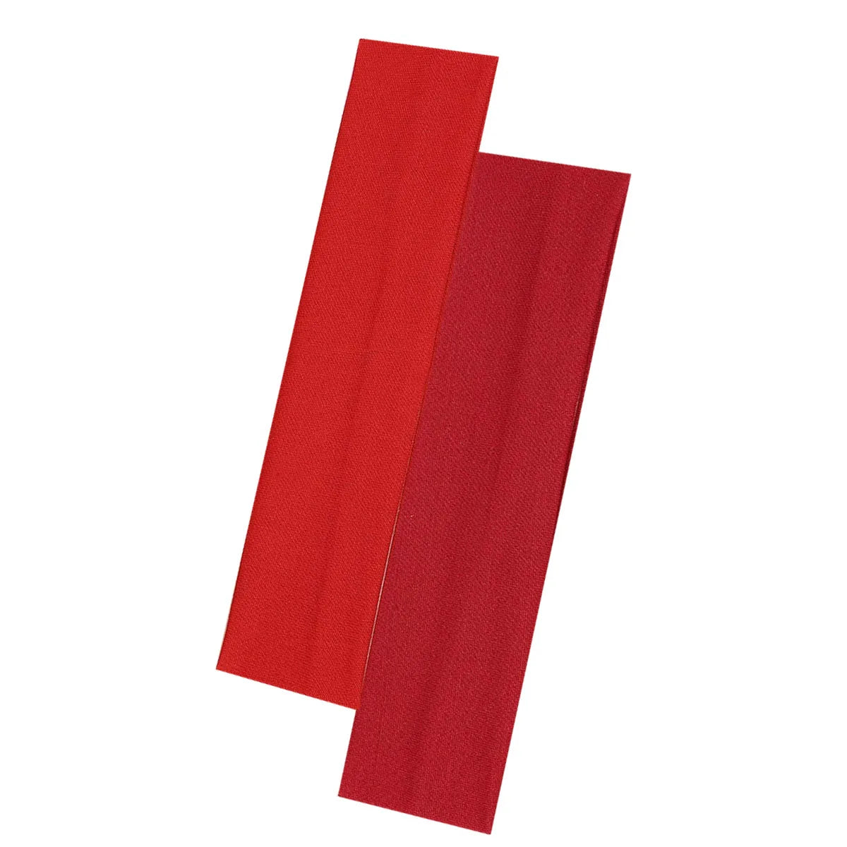 Two long, flat rectangular fabric headbands in shades of bright red and dark red, set against a white background.