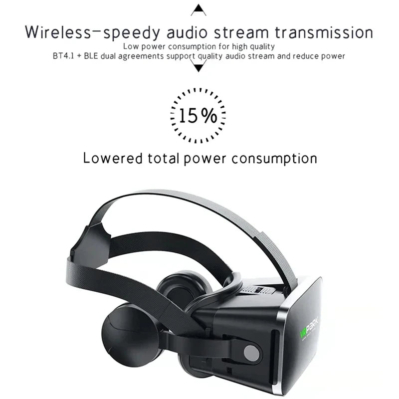 Black VR headset with adjustable strap and integrated headphones, highlighting energy-efficient wireless connectivity.