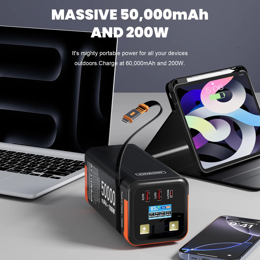 Black and orange portable power bank with digital display, multiple charging ports, and integrated cable for devices.