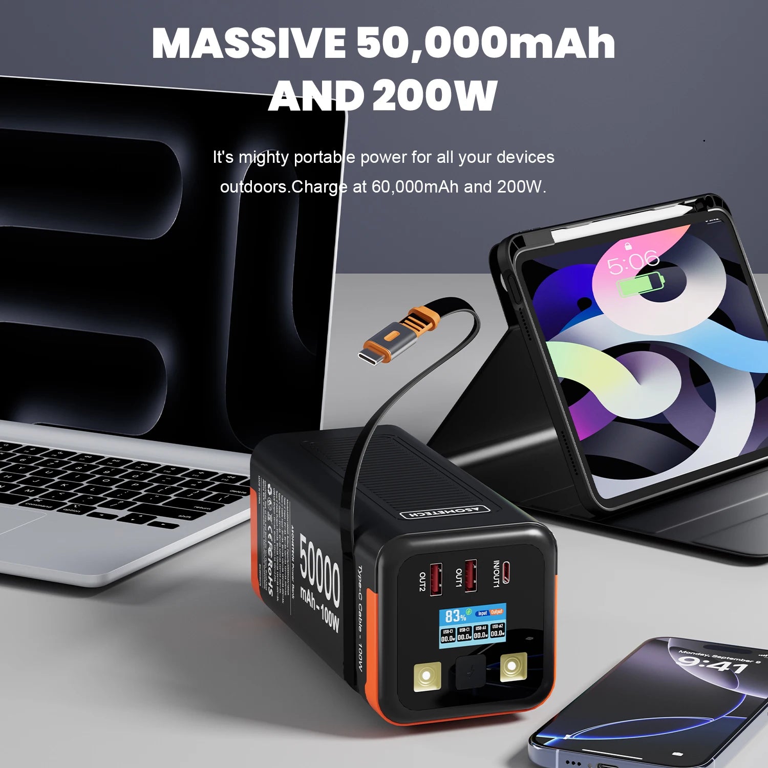 Black and orange portable power bank with digital display, multiple charging ports, and integrated cable for devices.